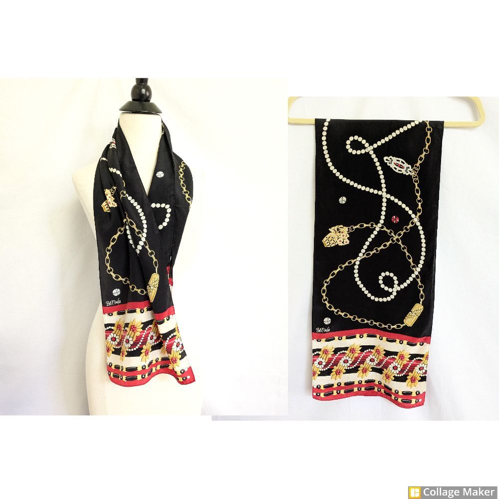Bob Mackie 100% Silk Long Oblong Scarf Chain Pearl Flower Print Knickerbocker